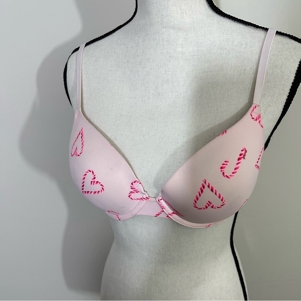 Victoria Secret sz 34C bra candy cane hearts soft pink wit red hearts